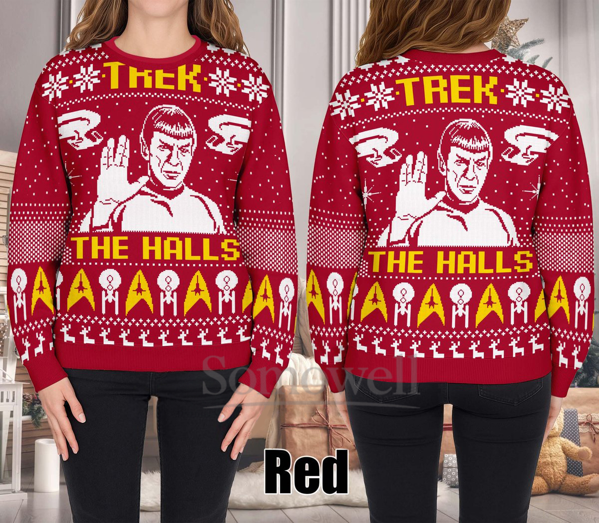 Star Trek Red Ugly Christmas Sweater Trek the Halls Spock Holiday Knit Jumper Gift
