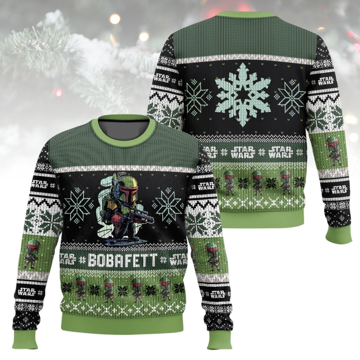Star Wars Boba Fett Green Ugly Christmas Sweater Sci Fi Hunter Character Holiday Knit Jumper