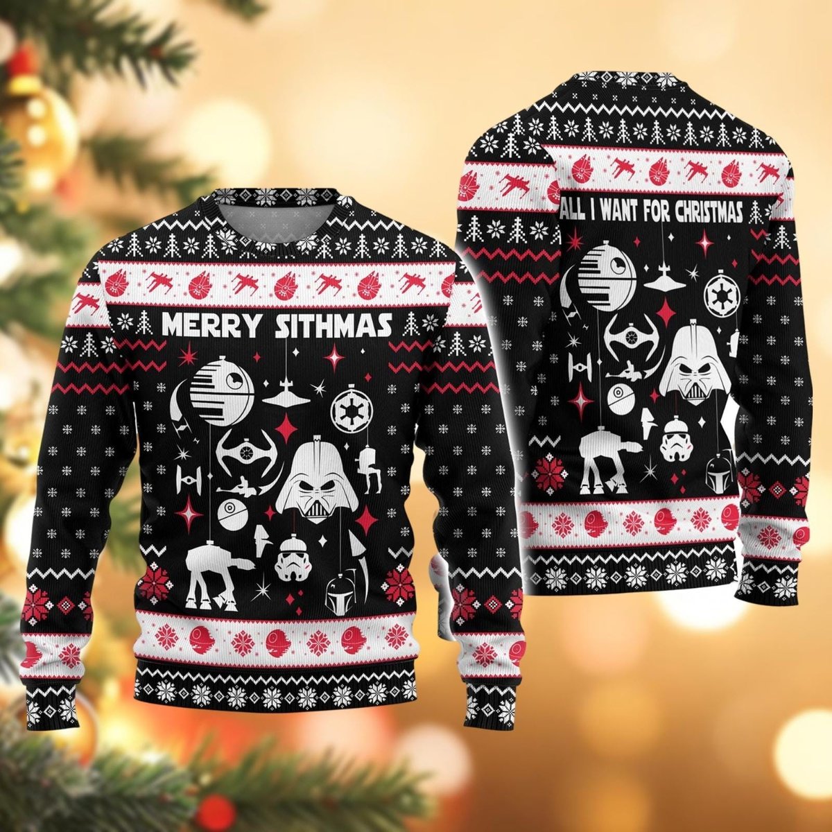 AT-AT Reindeer Black Ugly Christmas Sweater Funny Star Holiday Knit Gift