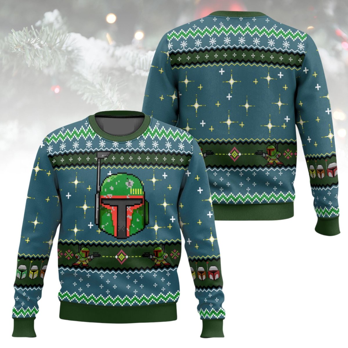 Boba Fett Helmet Green Pixel Star Wars Ugly Christmas Sweater Holiday Knit Gift