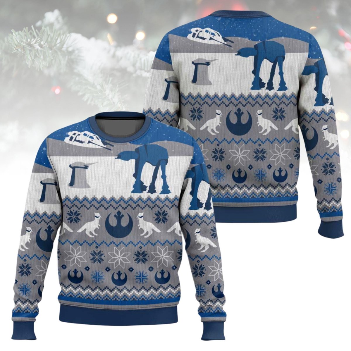 Star Wars AT-AT Blue Ugly Christmas Sweater Galactic Battle Scene Holiday Knit Jumper