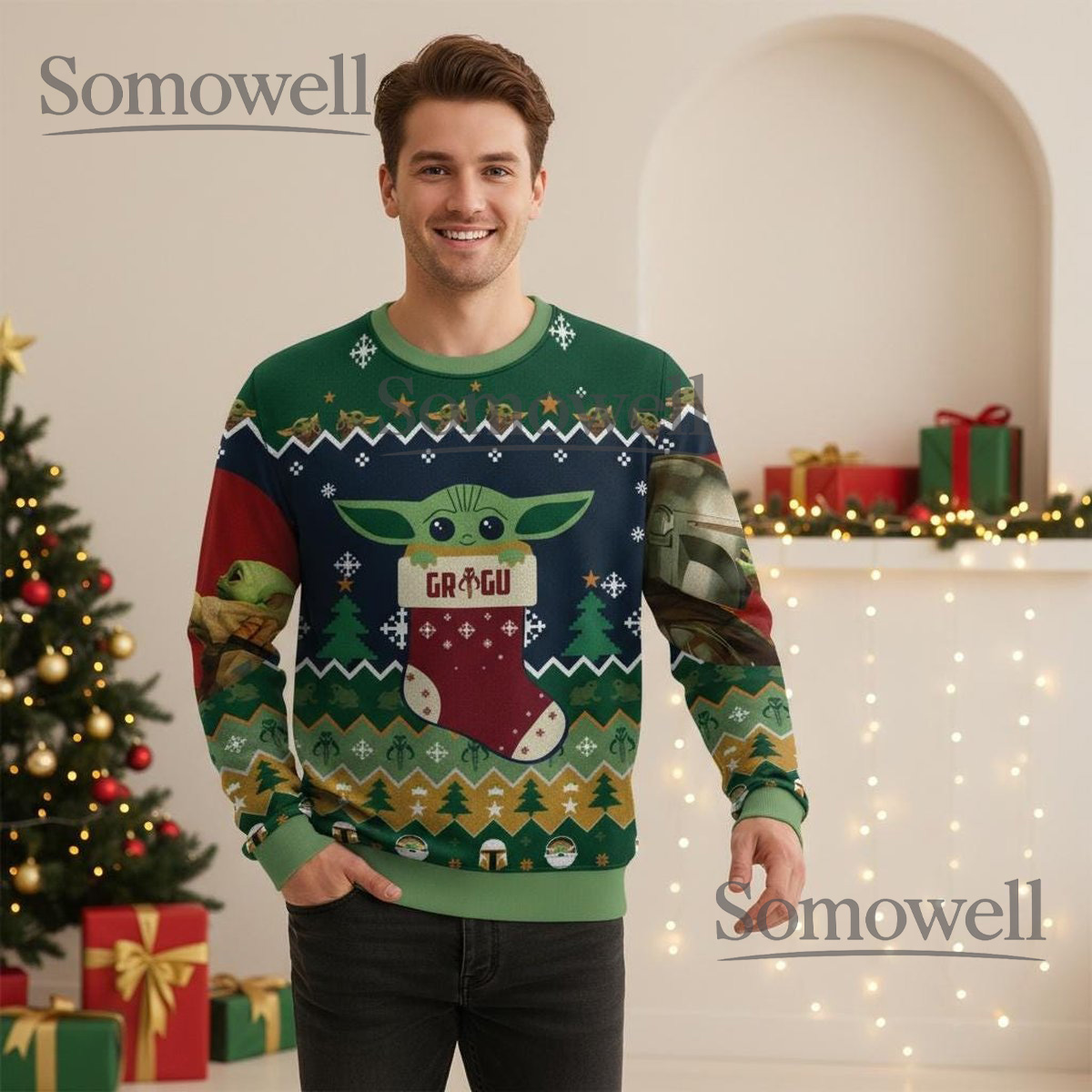 Baby Yoda Grogu Stocking Christmas Sweater Cute Star Wars Knit