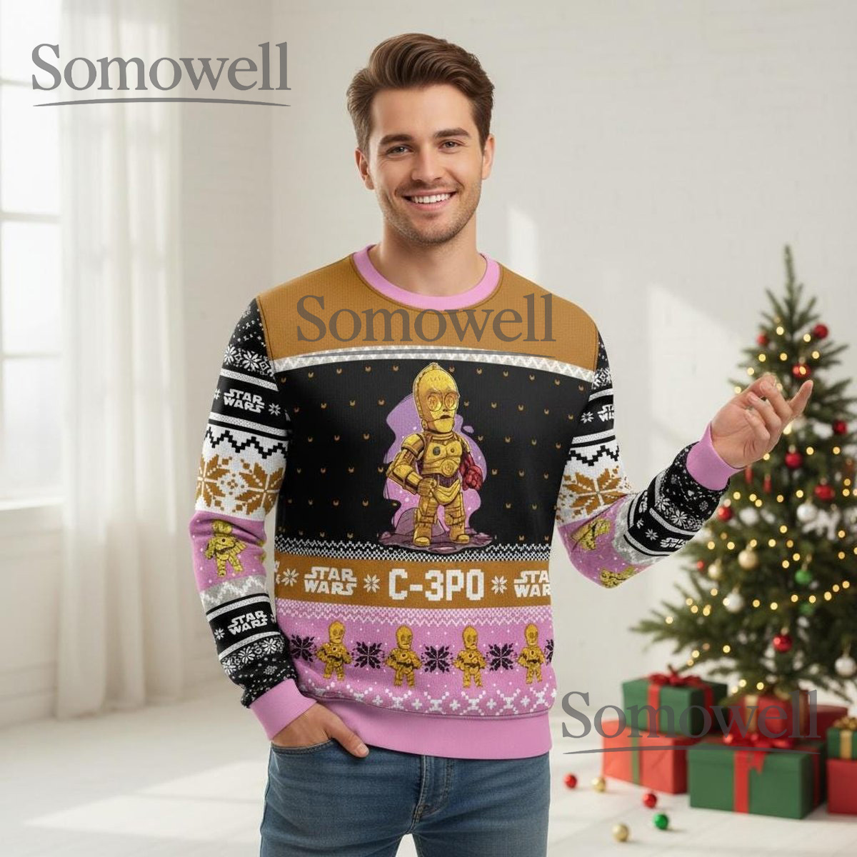 C-3PO Star Wars Christmas Sweater Gold Pink Holiday Knit