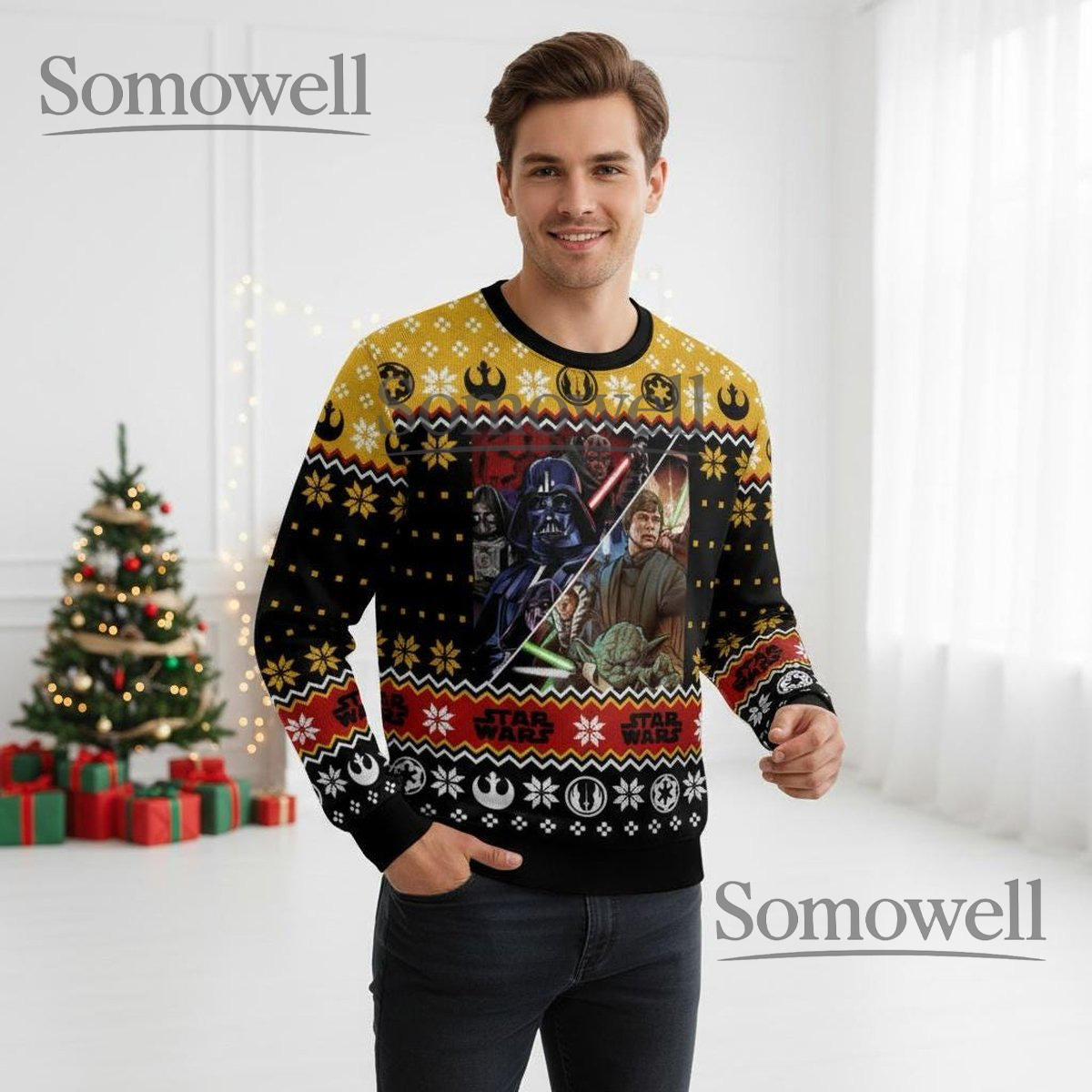 Star Wars Classic Characters Ugly Sweater Holiday Yellow Retro