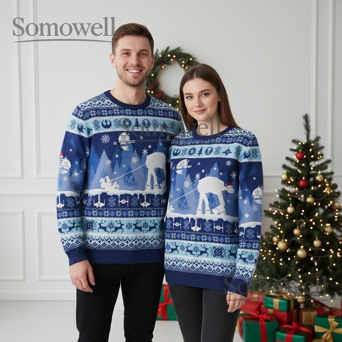 AT AT Walker Star Wars Christmas Sweater Blue Snowy Scene Funny Winter Holiday Knit