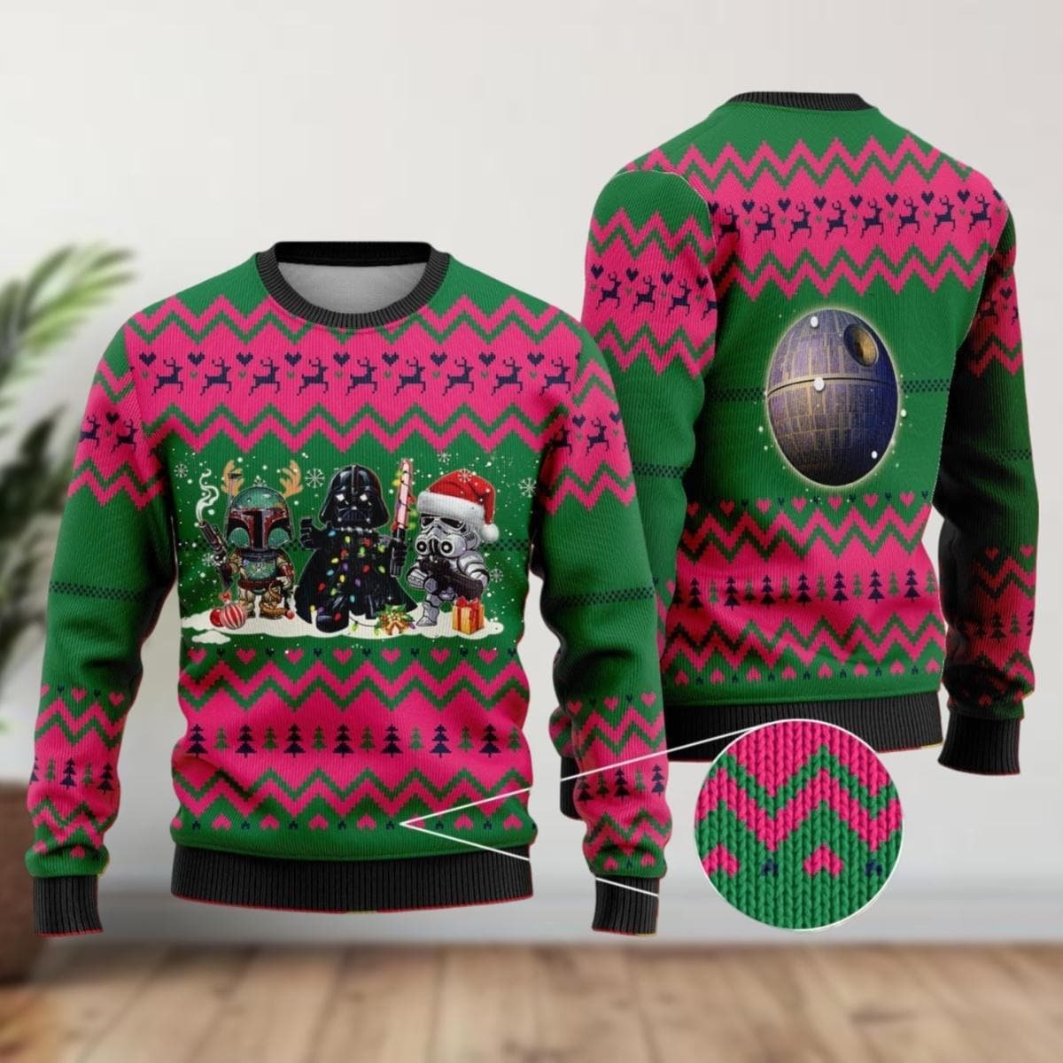 Star Wars Christmas Green Ugly Sweater Cute Darth Vader Boba Stormtrooper Knit Jumper