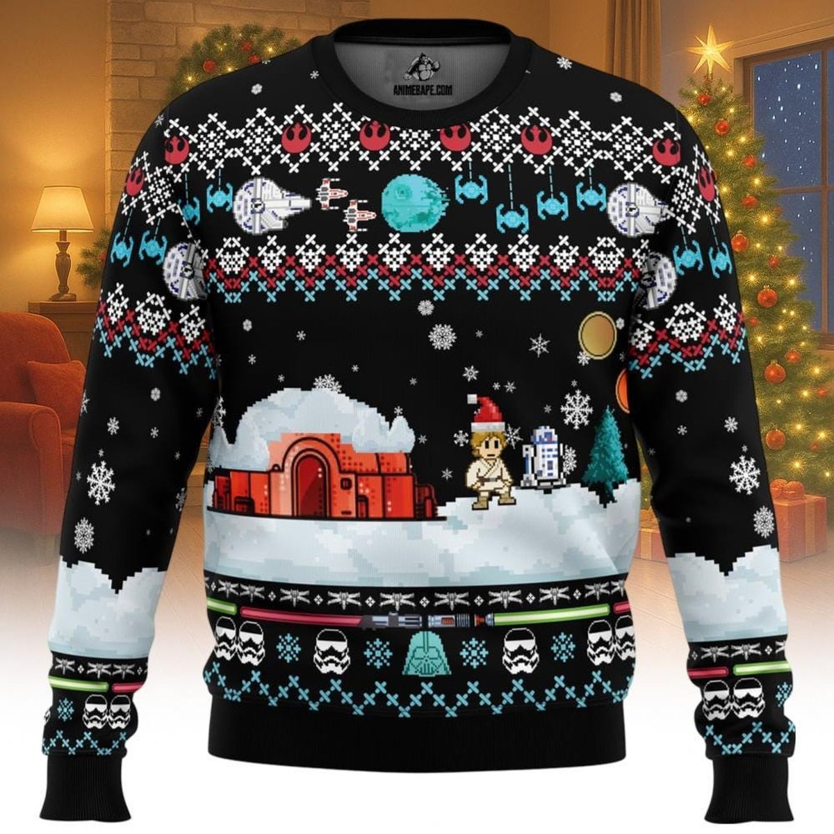 Star Wars Pixel Art Black Ugly Christmas Sweater Retro Space Battle Holiday Knit Jumper