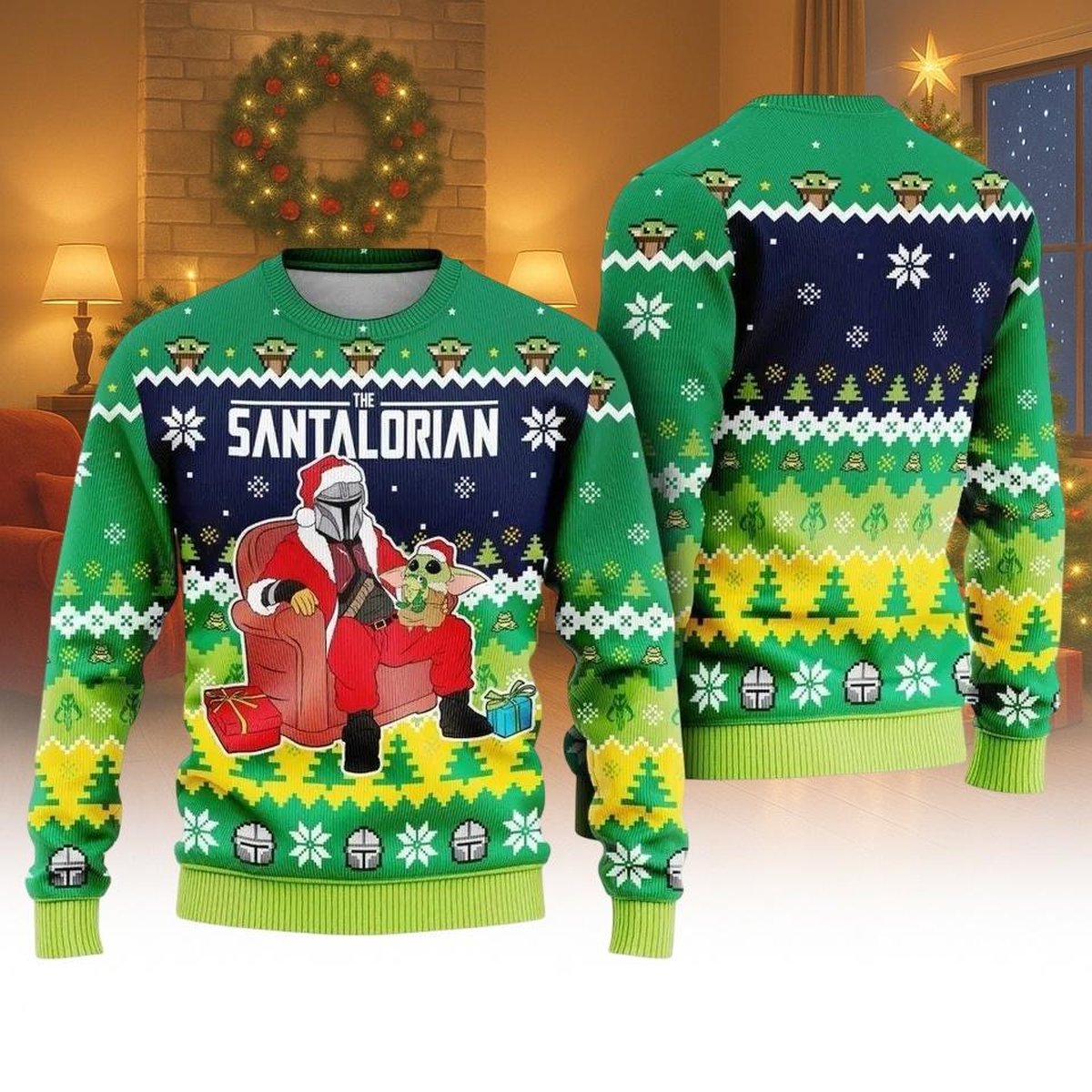 The Santalorian Green Ugly Christmas Sweater Funny Mandalorian Baby Yoda Holiday Knit Jumper