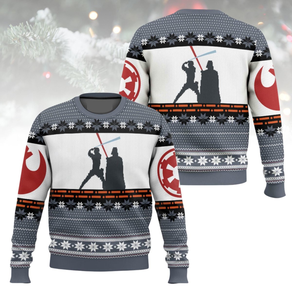 Star Wars Lightsaber Duel Pixel Art Ugly Christmas Sweater Luke vs Vader Gray Holiday Knit Jumper