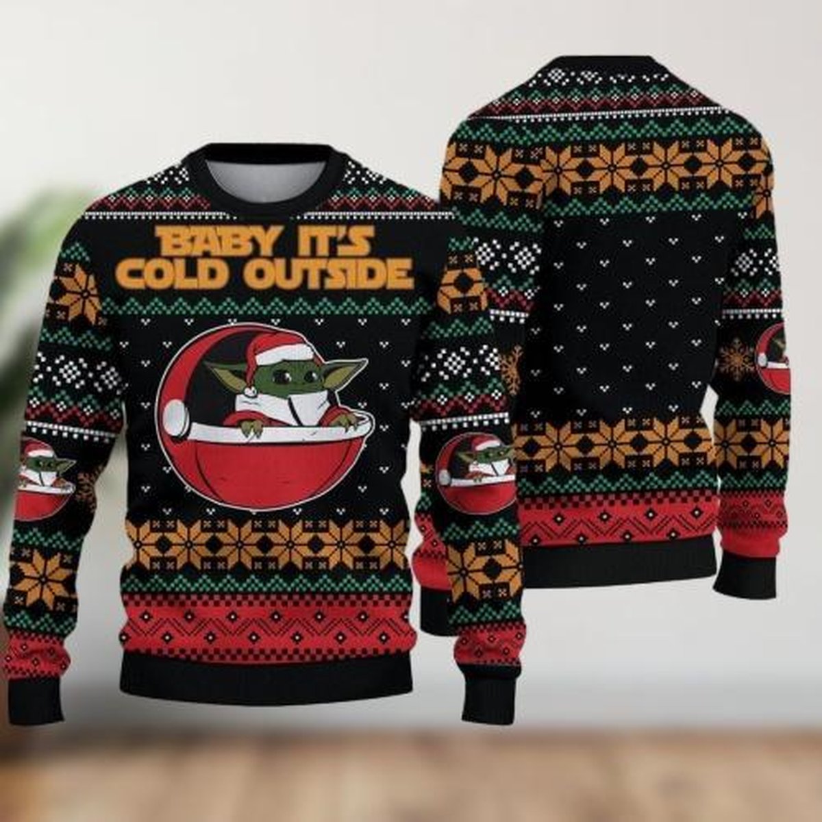 Baby Yoda Christmas Black Ugly Sweater Funny Mandalorian Cold Outside Holiday Knit Jumper