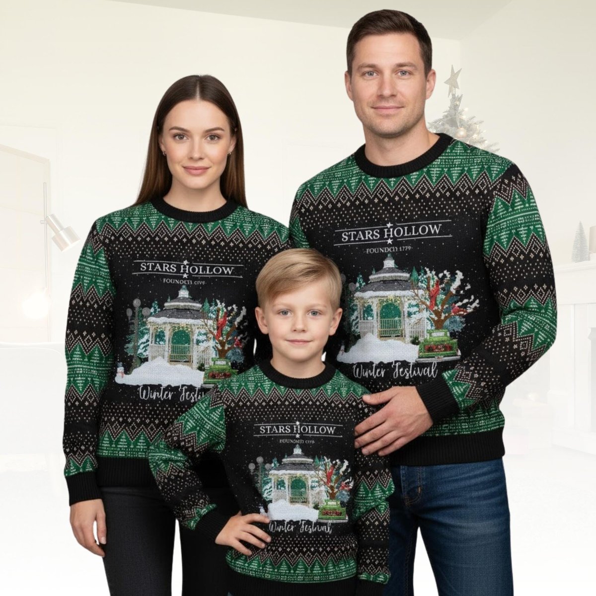 Stars Hollow Winter Festival Green Family Matching Ugly Christmas Sweater Holiday Knit Gift