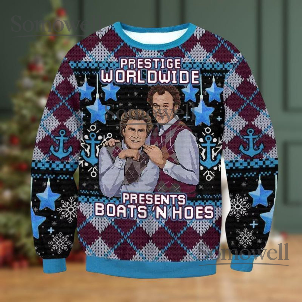 Step Brothers Prestige Worldwide Blue Ugly Christmas Sweater Funny Holiday Knit Gift