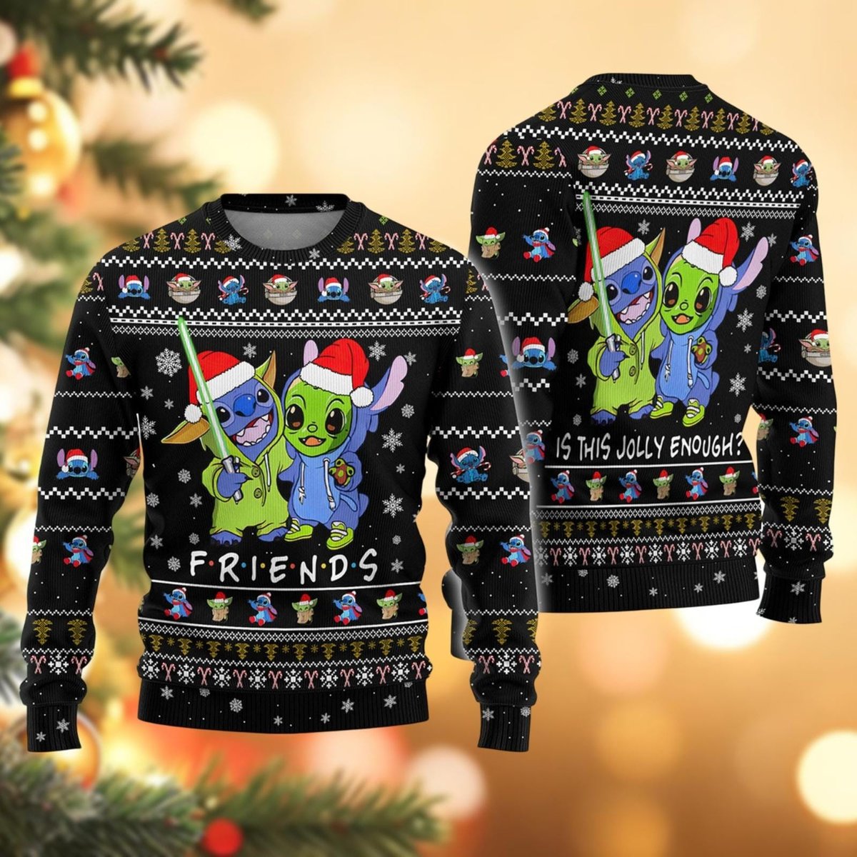 Stitch And Baby Yoda Friends Black Ugly Christmas Sweater Funny Holiday Knit Gift
