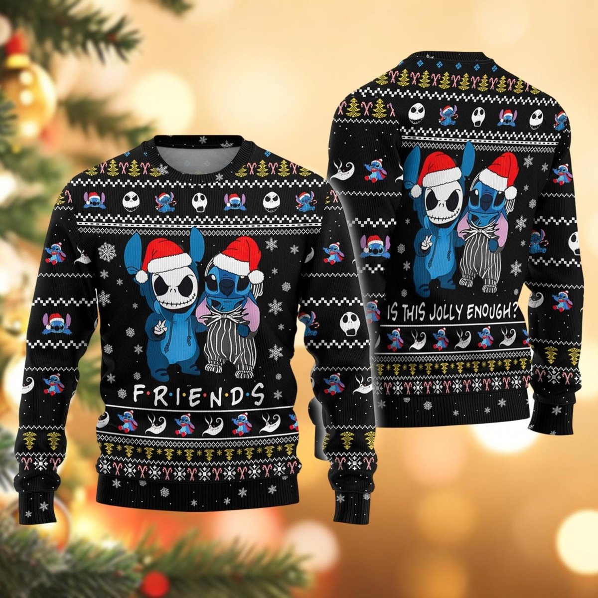Stitch And Jack Skellington Friends Black Ugly Christmas Sweater Funny Holiday Knit Gift