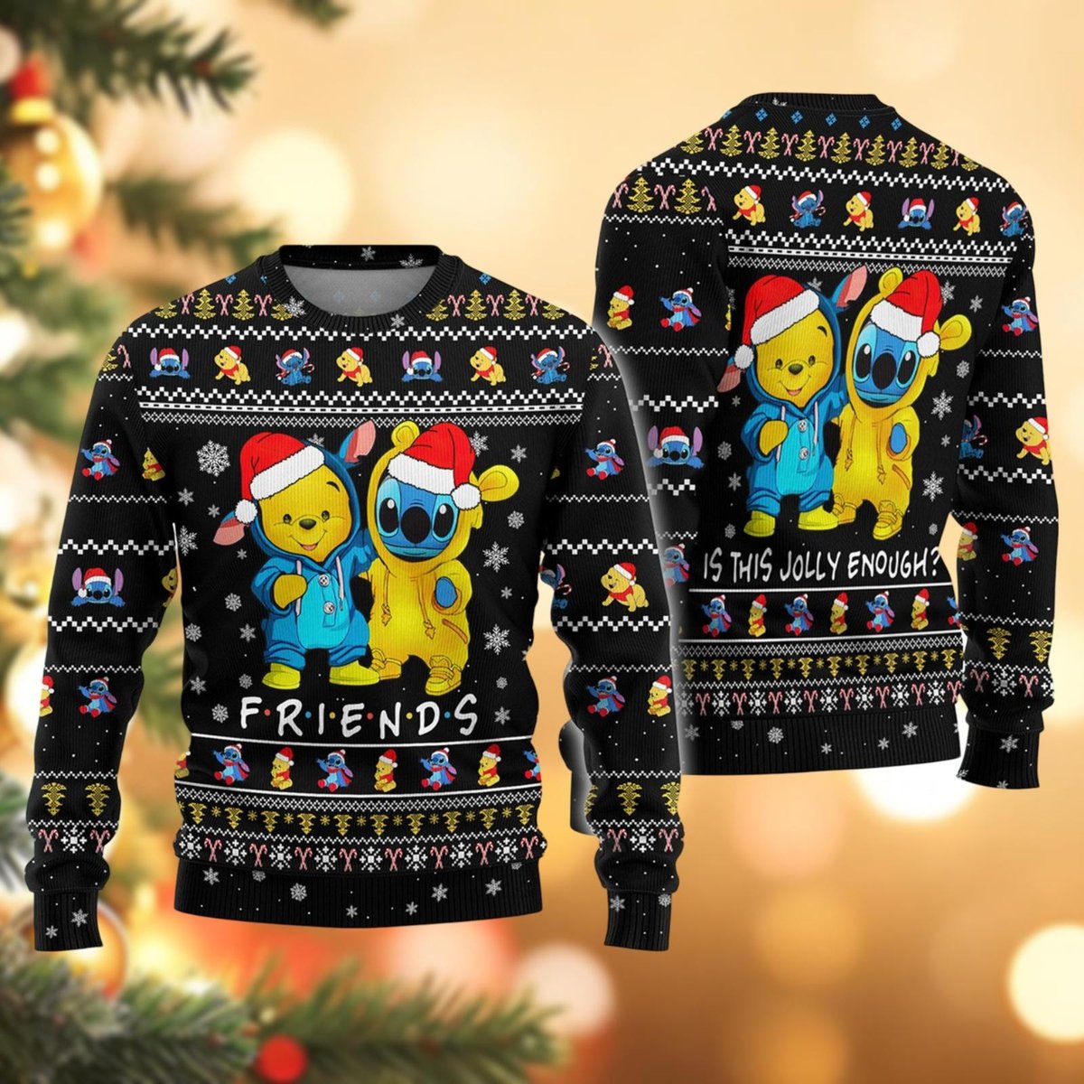 Stitch And Pooh Friends Black Ugly Christmas Sweater Funny Holiday Knit Gift