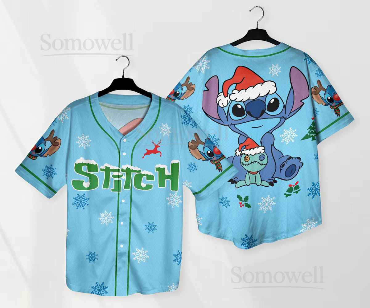 Custom Stitch Christmas Baseball Jersey Shirt for Disney Fans Blue Winter Holiday Cartoon Gift Apparel