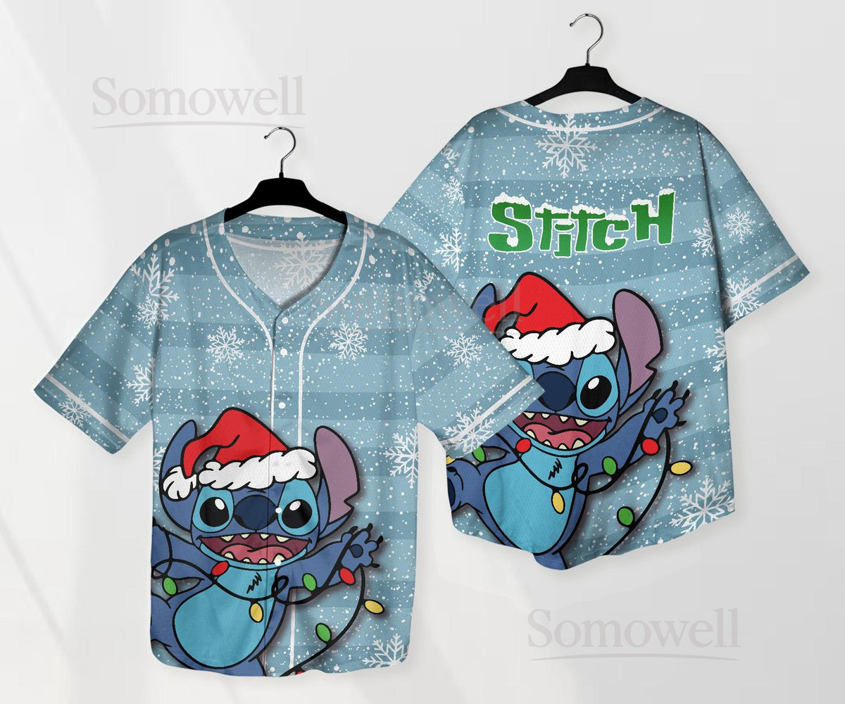 Custom Stitch Christmas Baseball Jersey Shirt for Disney Fans Blue Holiday Themed Gift Apparel with Lights Design