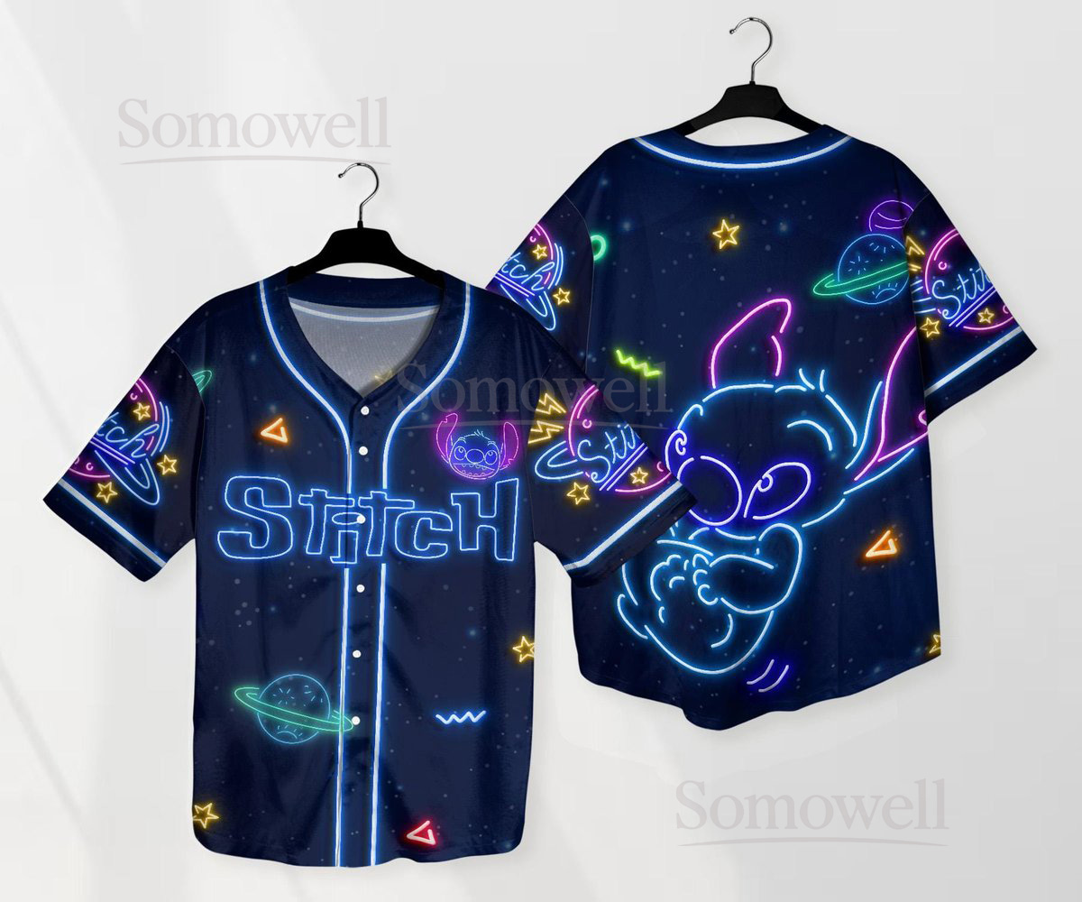 Custom Stitch Neon Baseball Jersey Shirt for Disney Fans Glow in the Dark Blue Cartoon Design Gift Apparel