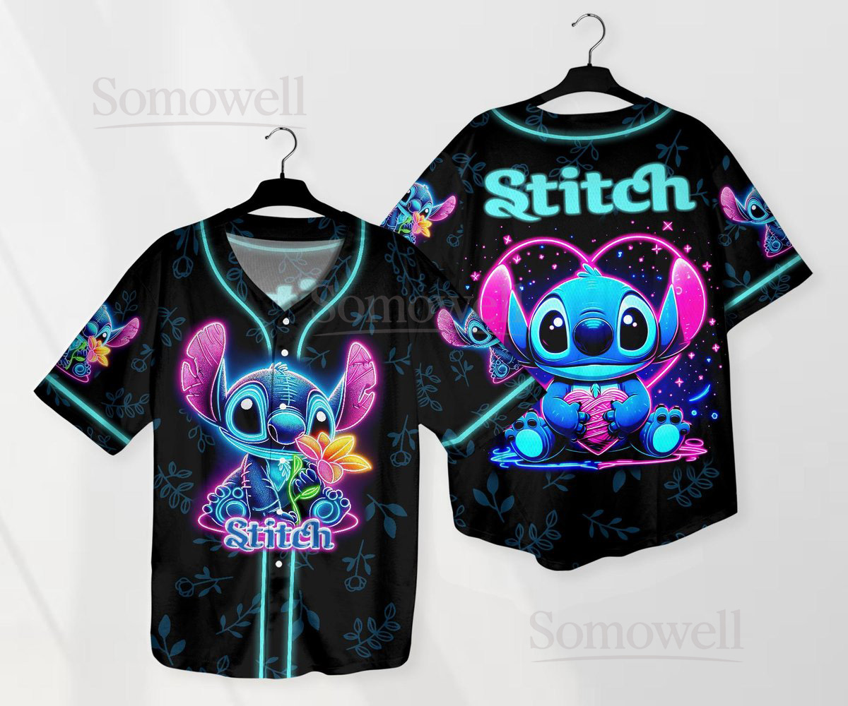 Custom Stitch Neon Baseball Jersey Shirt for Disney Fans Black Glow in the Dark Cute Cartoon Gift Apparel
