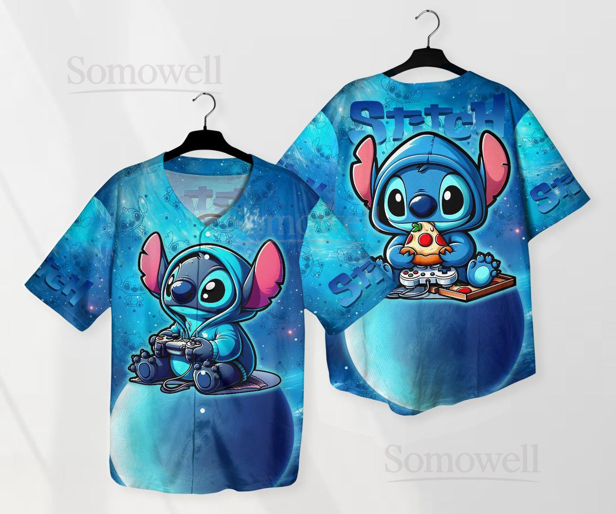Custom Stitch Gamer Baseball Jersey Shirt for Disney Fans Blue Cartoon Design with Pizza and Controller Gift Outfit