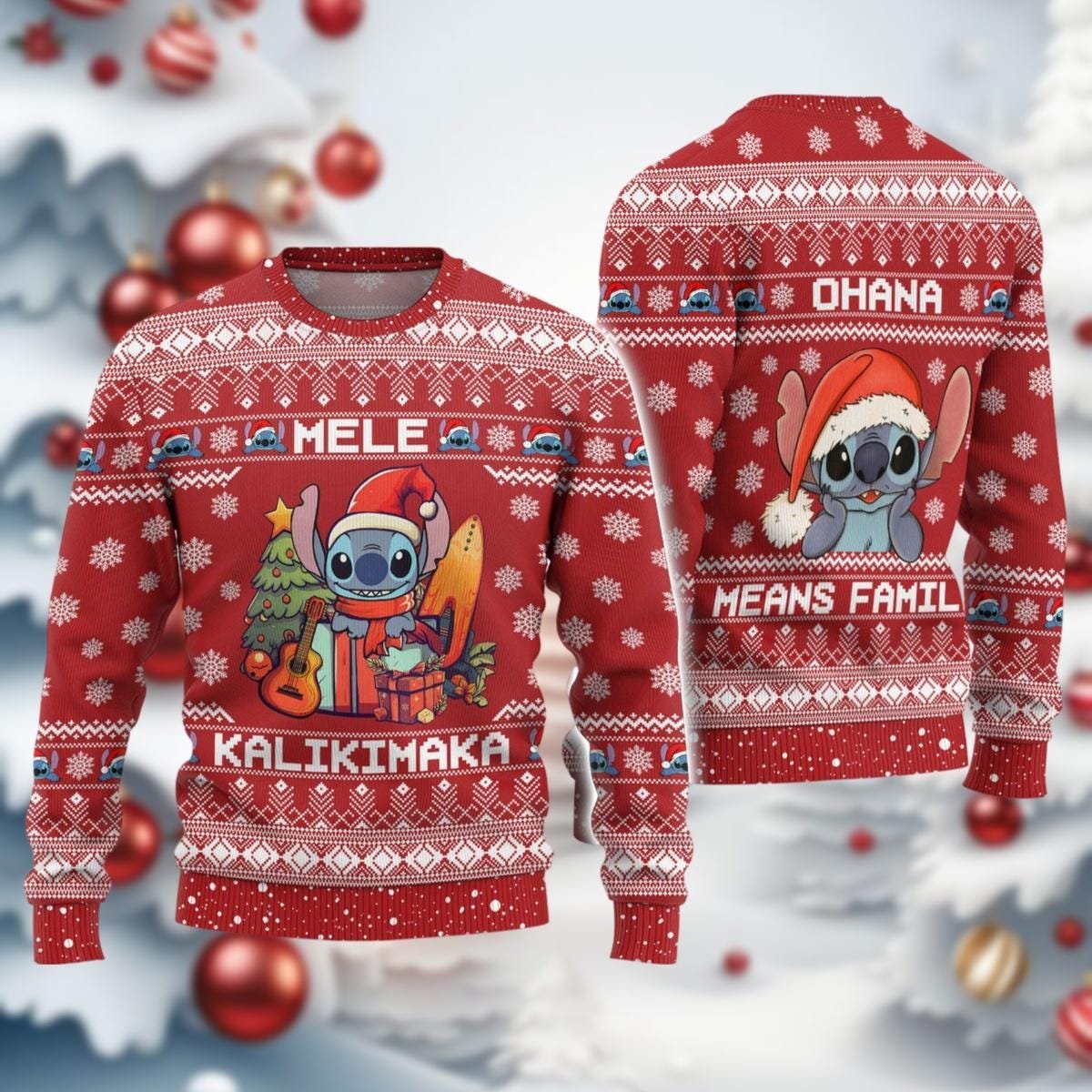 Stitch Mele Kalikimaka Red Christmas Ugly Sweater Hawaiian Santa Holiday Knit Jumper