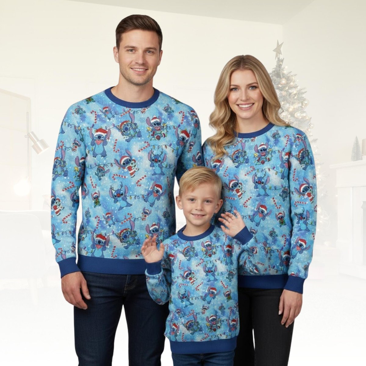 Stitch Christmas Blue Pattern Ugly Christmas Sweater Cute Holiday Candy Cane Knit Jumper