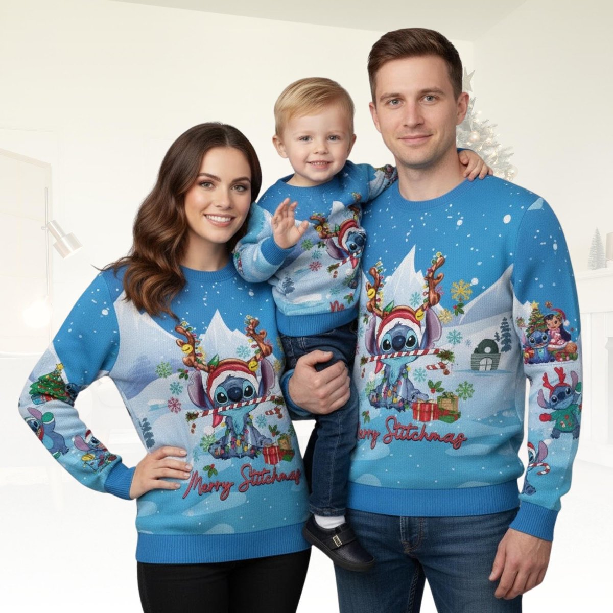 Merry Stitchmas Blue Family Matching Ugly Christmas Sweater Holiday Knit Gift