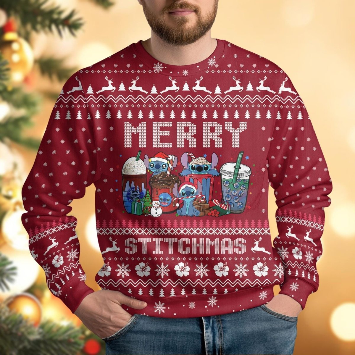 Merry Stitchmas Coffee Red Ugly Christmas Sweater Funny Holiday Knit Pullover Gift
