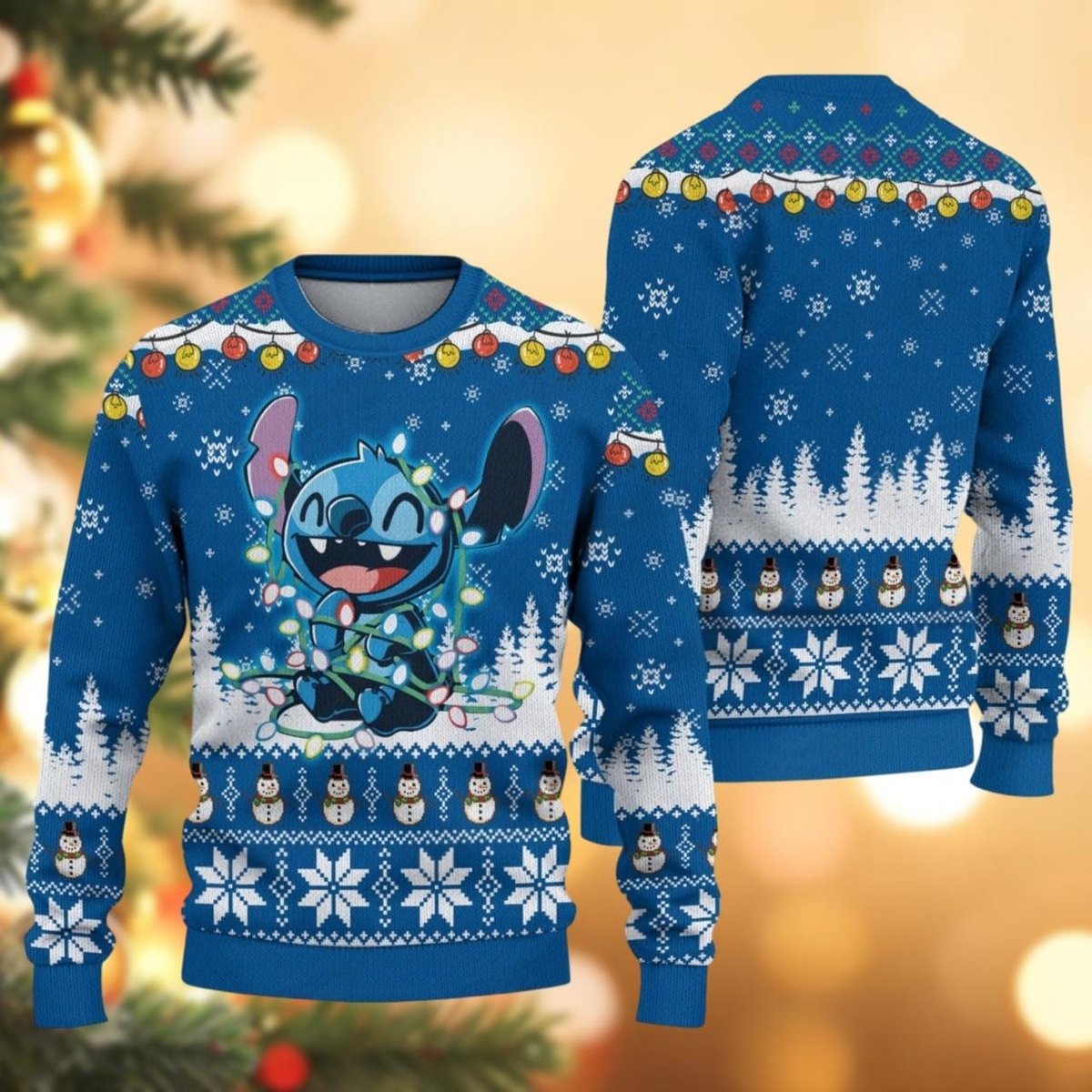 Stitch With Christmas Lights Blue Ugly Christmas Sweater Funny Holiday Knit Gift