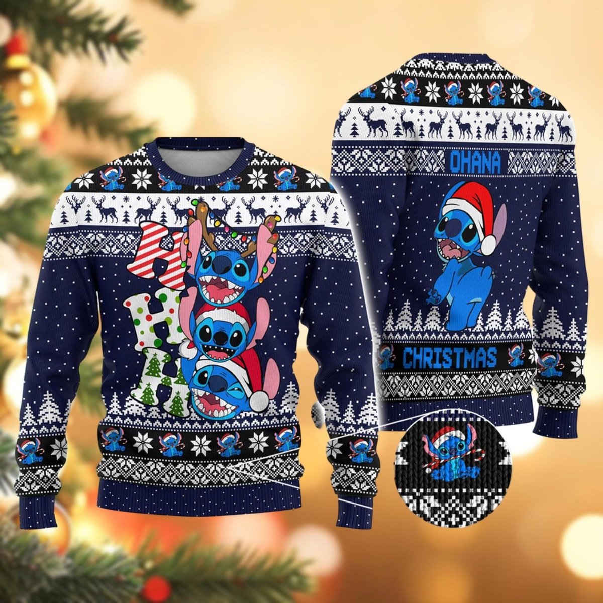 Stitch Ohana Christmas Blue Ugly Christmas Sweater Funny Holiday Knit Pullover Gift