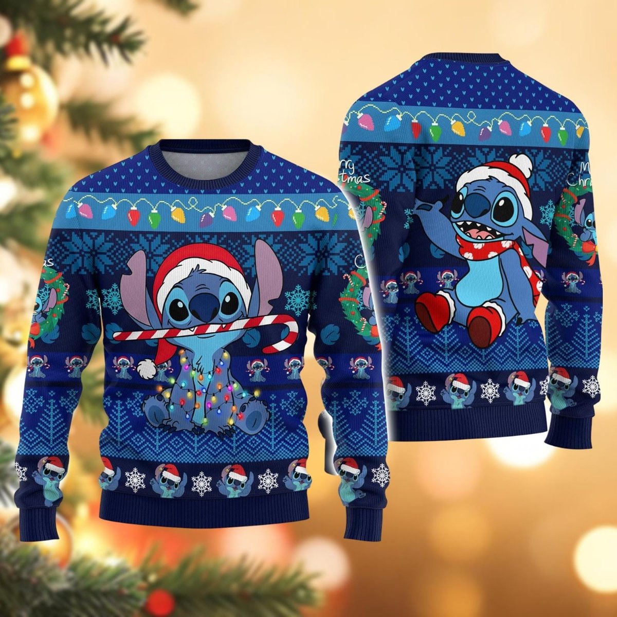 Stitch Candy Cane Lights Blue Ugly Christmas Sweater Funny Holiday Knit Gift