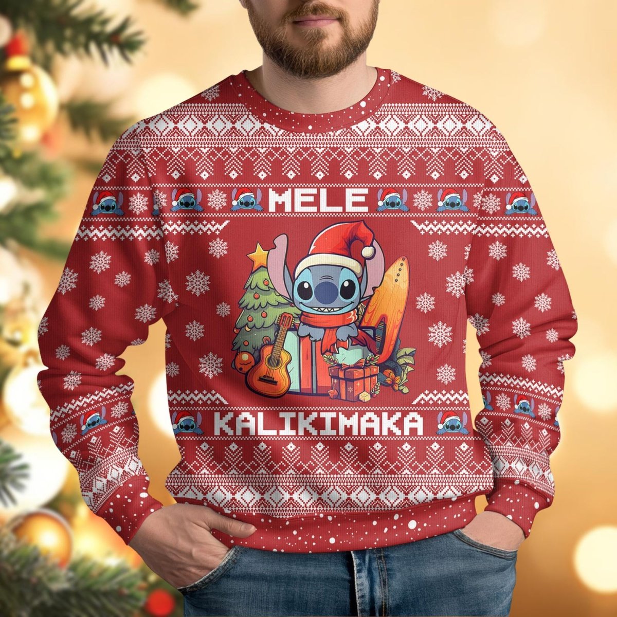 Stitch Mele Kalikimaka Red Ugly Christmas Sweater Funny Holiday Knit Pullover Gift