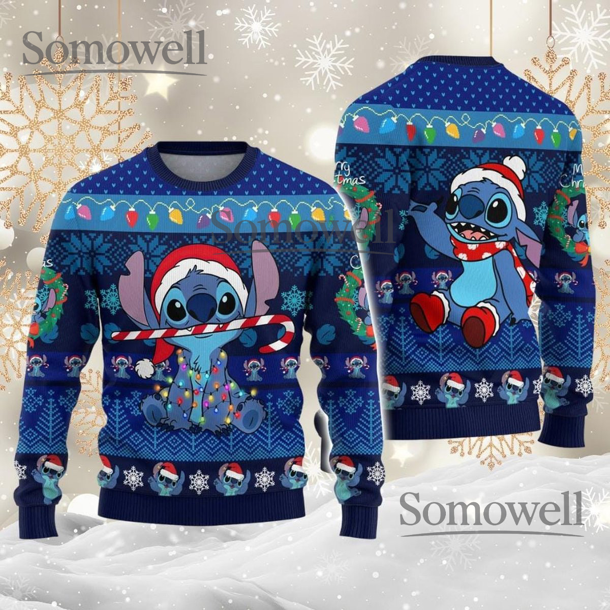Candy Cane Stitch Blue Christmas Sweater Funny Holiday Knit