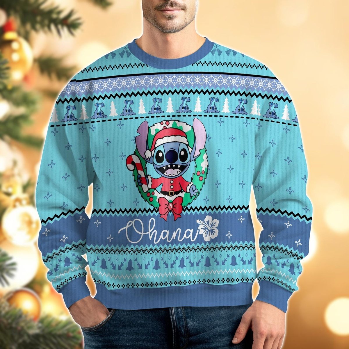 Ohana Wreath Stitch Light Blue Ugly Christmas Sweater Funny Holiday Knit Gift