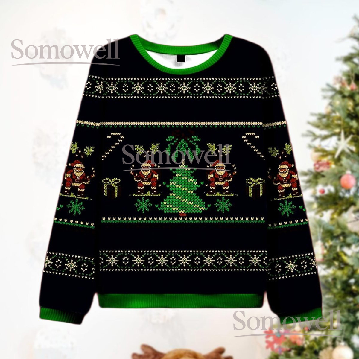 Surfing Santa Tropical Christmas Ugly Sweater Green Holiday Beach Knit Jumper