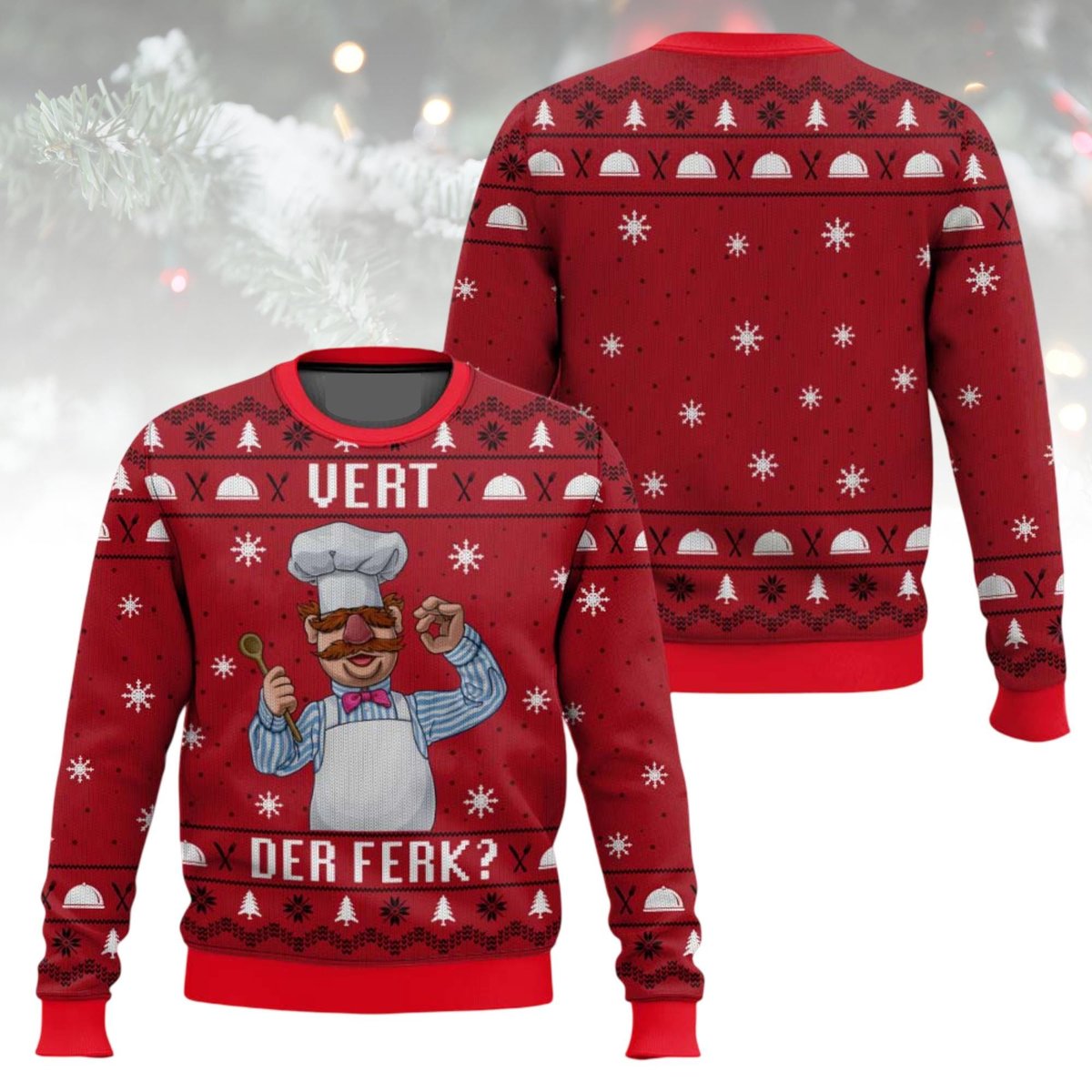 Swedish Chef Vert Der Ferk Red Ugly Christmas Sweater Holiday Knit Gift