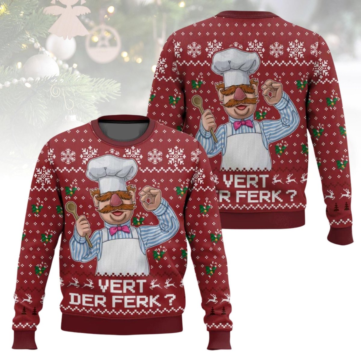 Swedish Chef Vert Der Ferk Ugly Christmas Sweater Funny Muppets Show Holiday Pullover Gift
