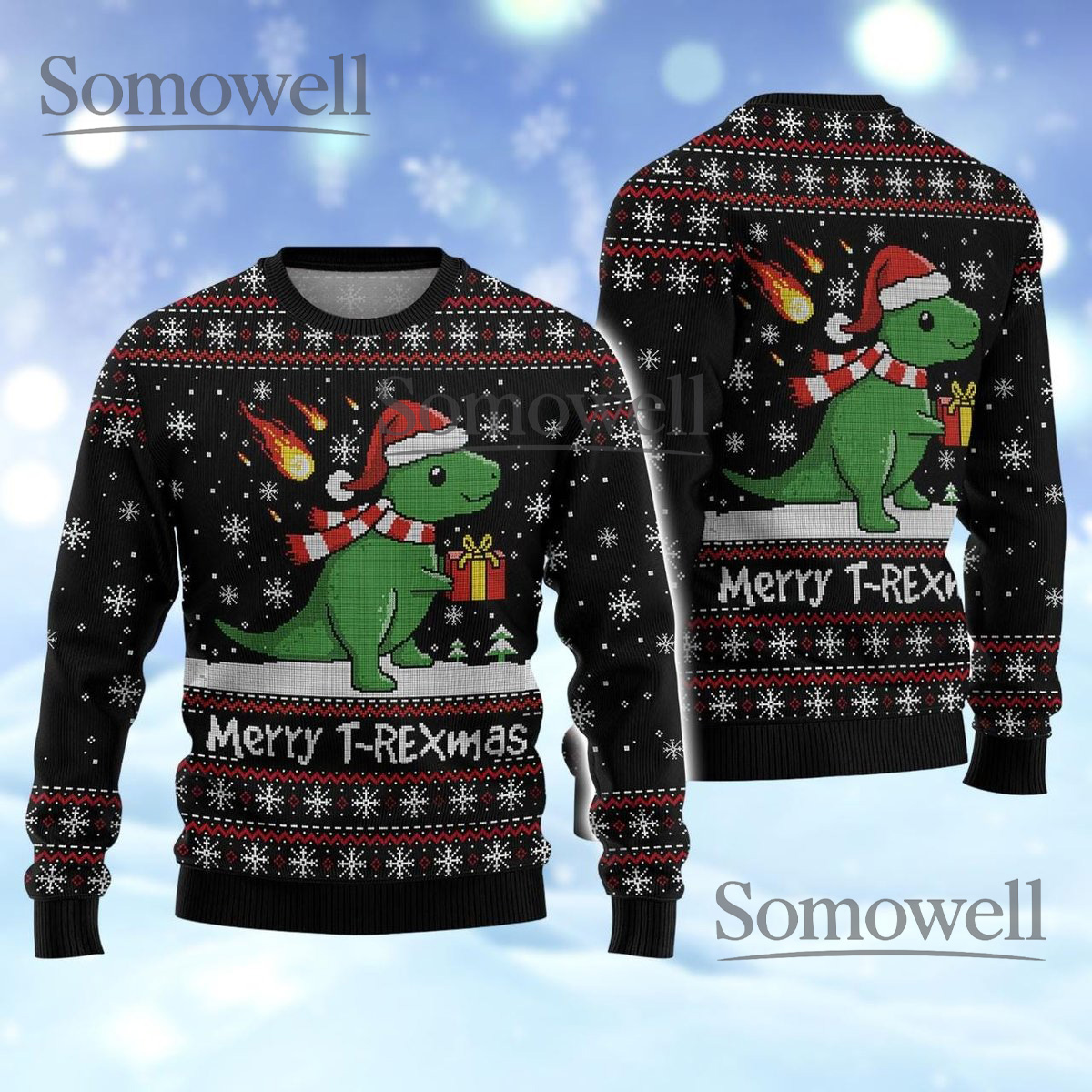 T-Rex Dinosaur Merry T-Rexmas Christmas Sweater Black Holiday Knit