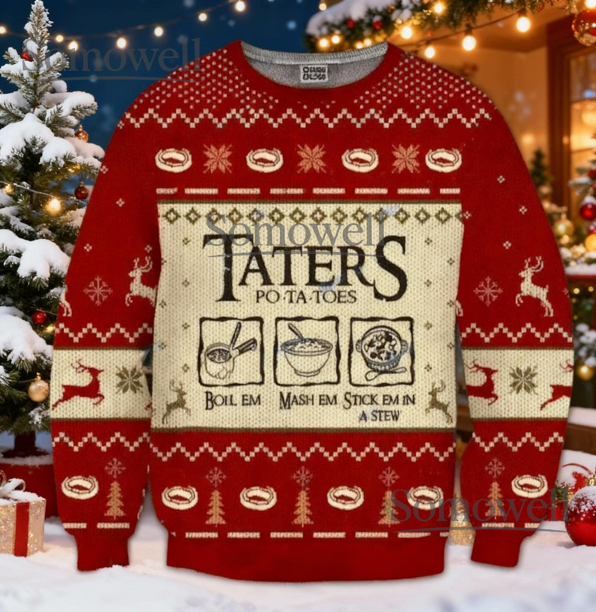 Taters Po-Ta-Toes Red Cream Ugly Christmas Sweater Funny Hobbit Holiday Knit Jumper