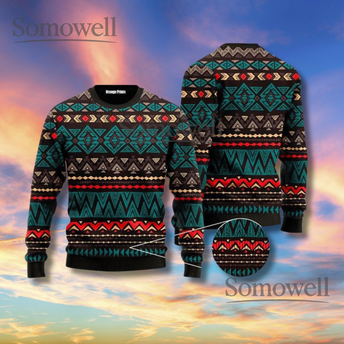 Teal Red Aztec Geometric Sweater Unisex Knit Pullover Tribal Pattern Boho Gift