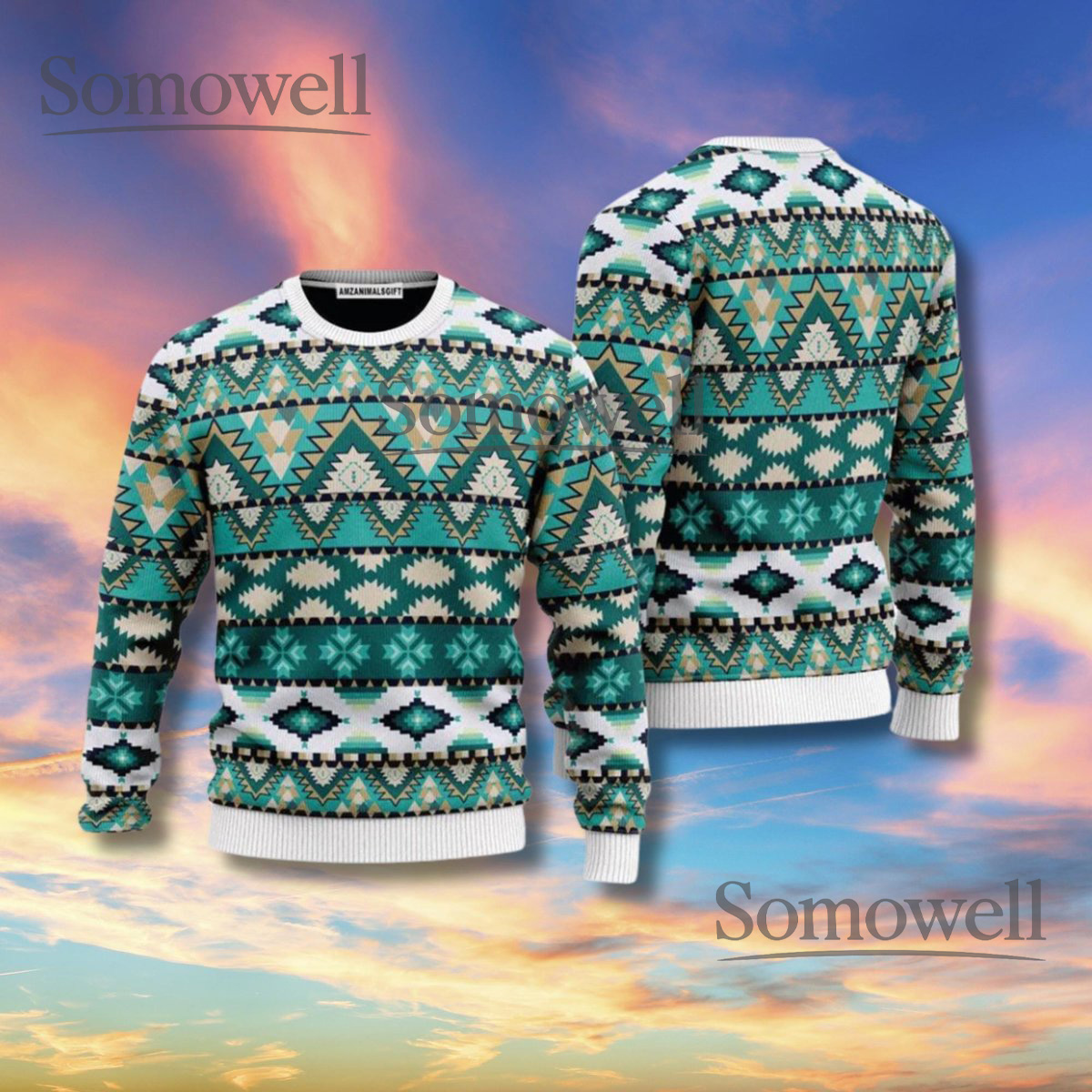 Teal White Aztec Pattern Sweater Unisex Knit Pullover Geometric Winter Boho Gift