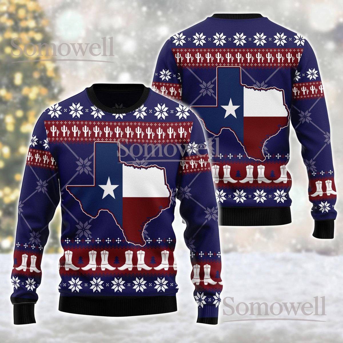 Texas Flag Ugly Christmas Sweater Funny Cowboy Western Style Holiday Knit Jumper Gift
