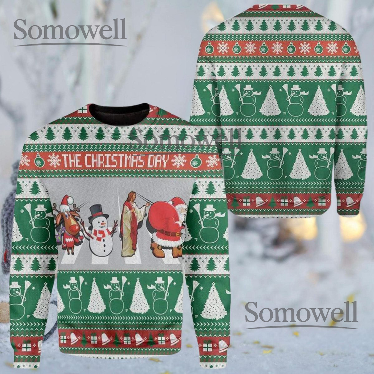 The Christmas Day Green Ugly Christmas Sweater Jesus and Santa Funny Holiday Knit Jumper