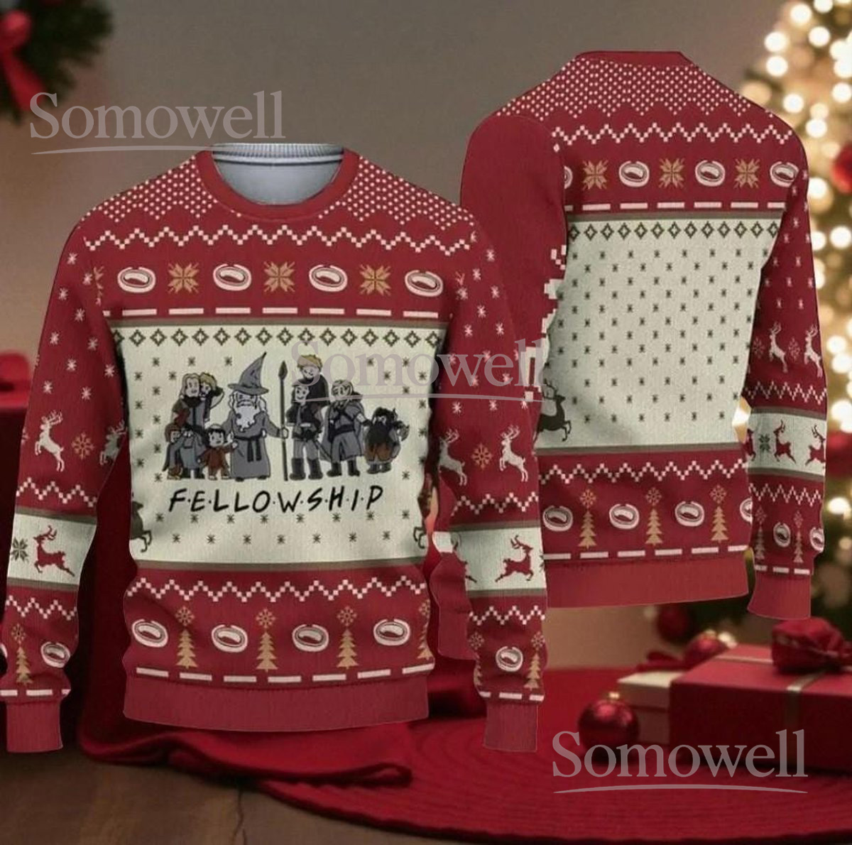 Fellowship LOTR Christmas Red Ugly Sweater Movie Theme Holiday Knit Jumper