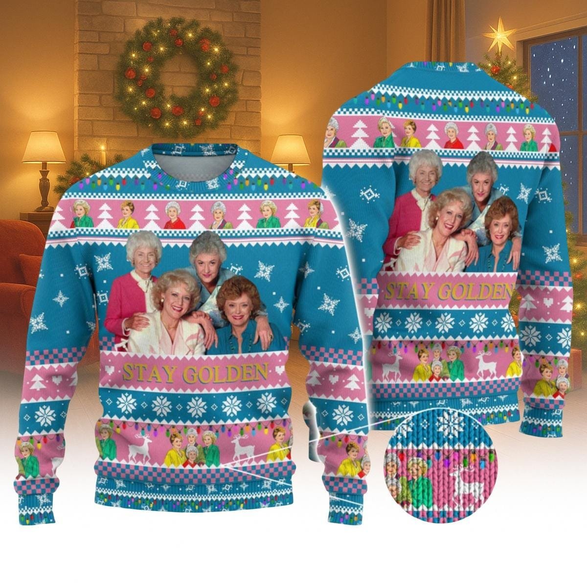 The Golden Girls Blue Ugly Christmas Sweater Stay Golden Funny Retro TV Show Knit Jumper