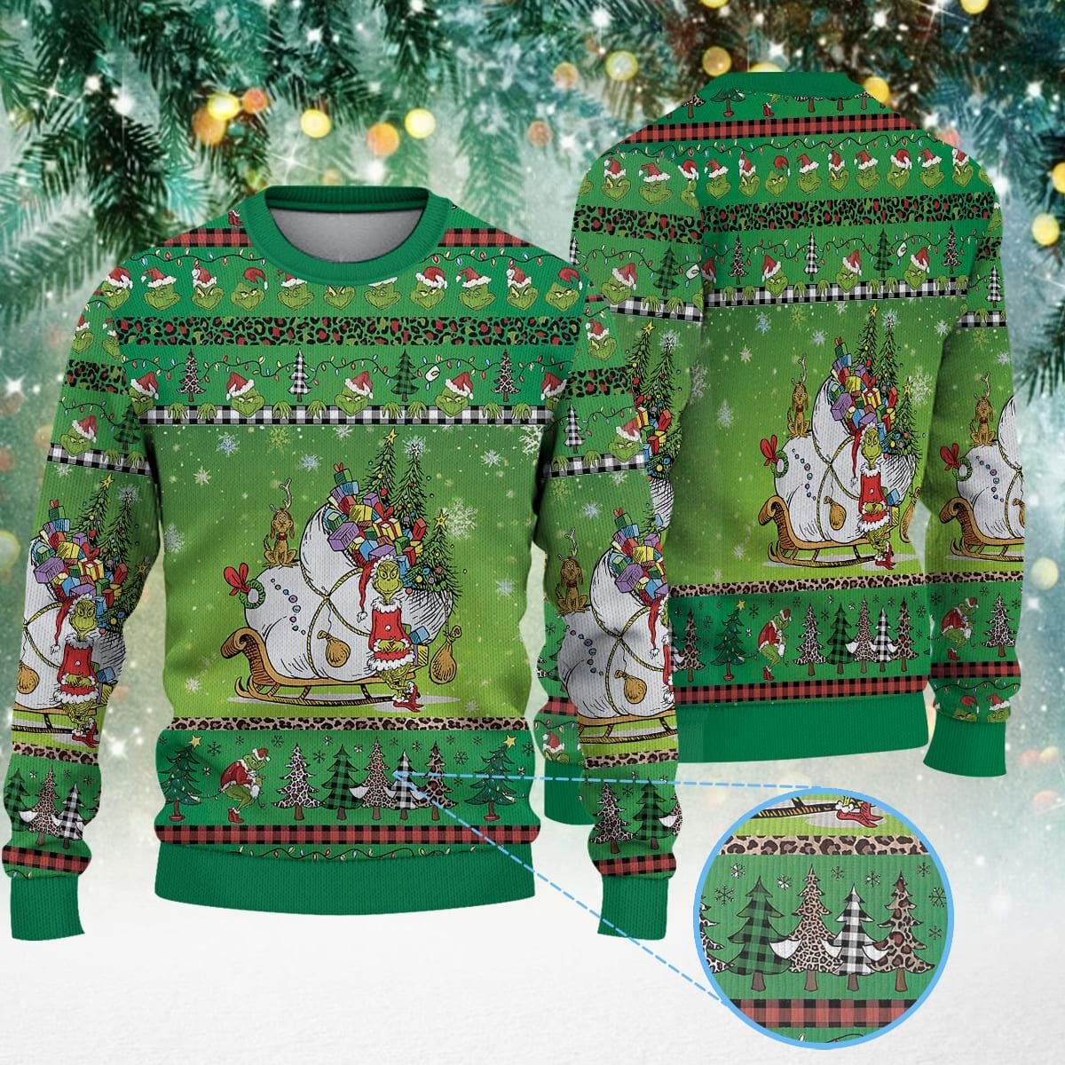 The Grinch Green Christmas Ugly Sweater Sleigh Gift Tree Holiday Knit Jumper