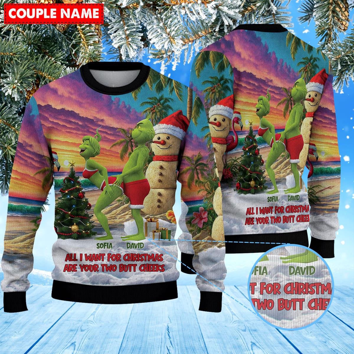 he Grinch Beach Christmas Ugly Sweater Couple Design Funny Holiday Knit Jumper