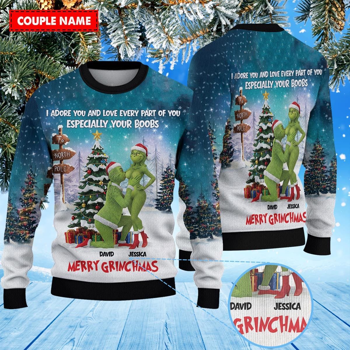 The Grinch Couple Blue Christmas Ugly Sweater Merry Grinchmas Funny Holiday Knit Jumper