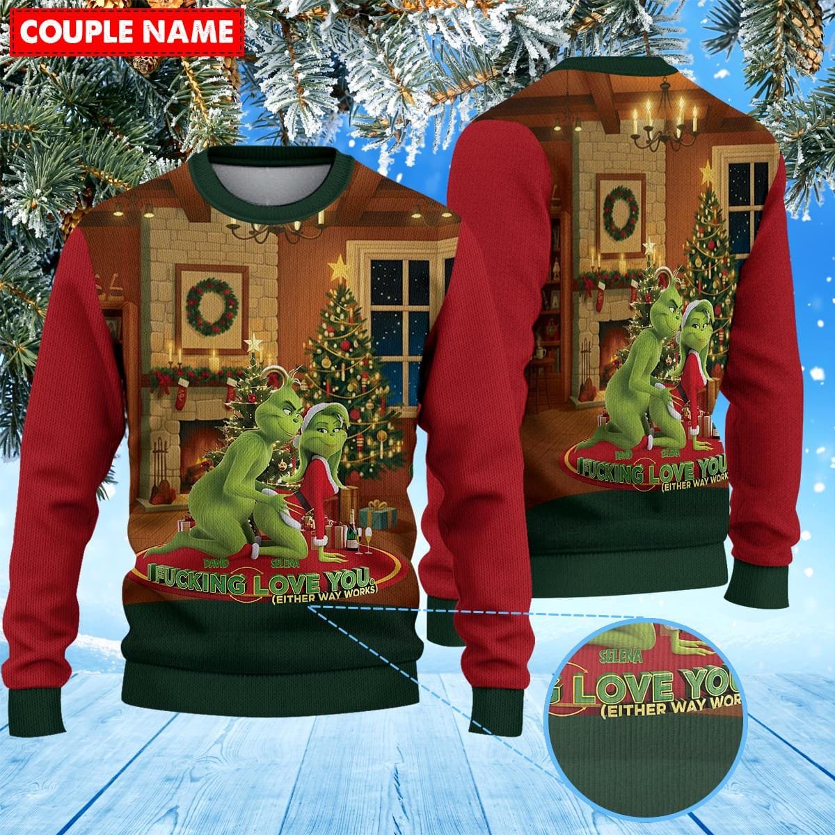 The Grinch Couple Red Green Christmas Ugly Sweater Funny I Love You Holiday Knit Jumper