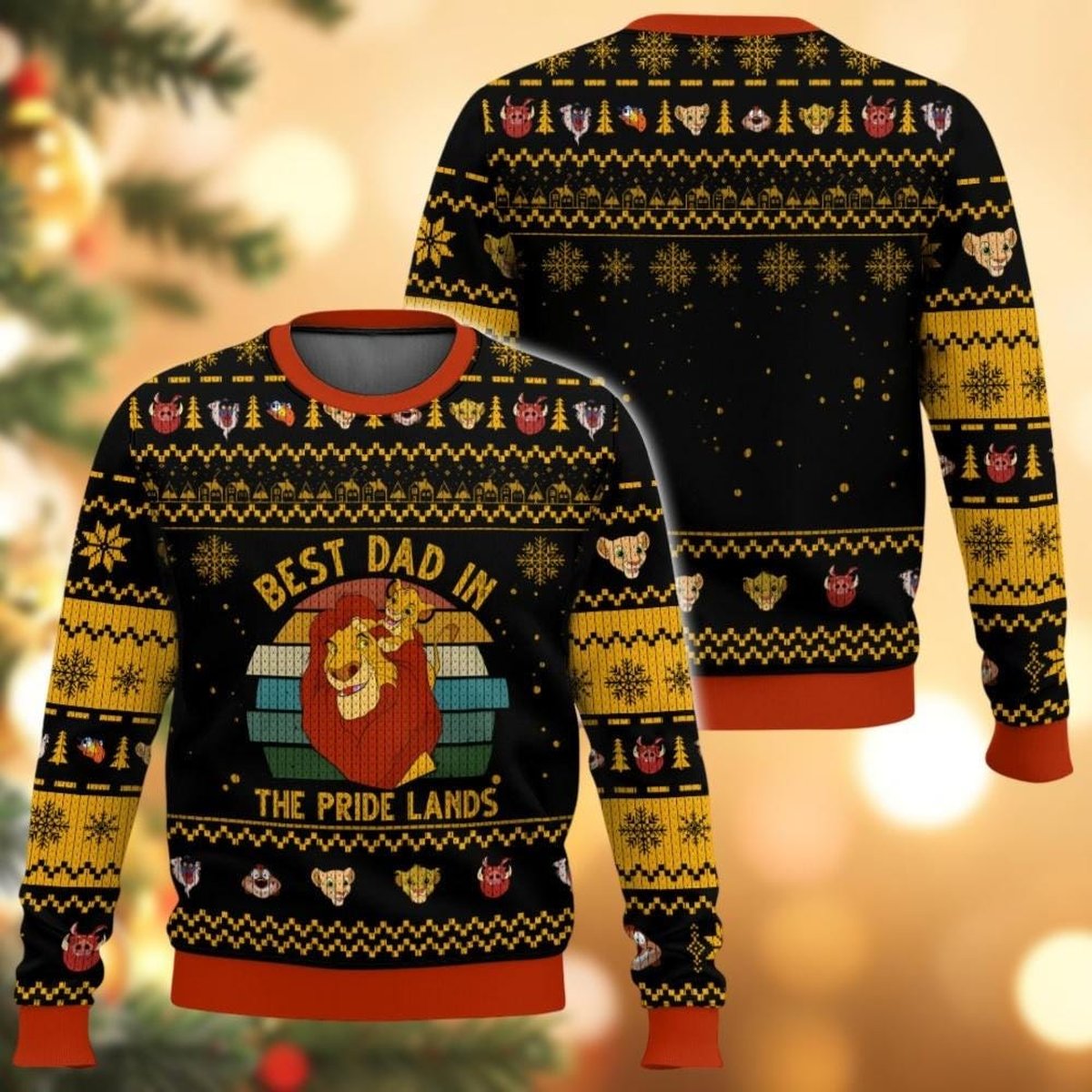 Best Dad In The Pride Lands Black Yellow Ugly Christmas Sweater Funny Lion Knit Gift